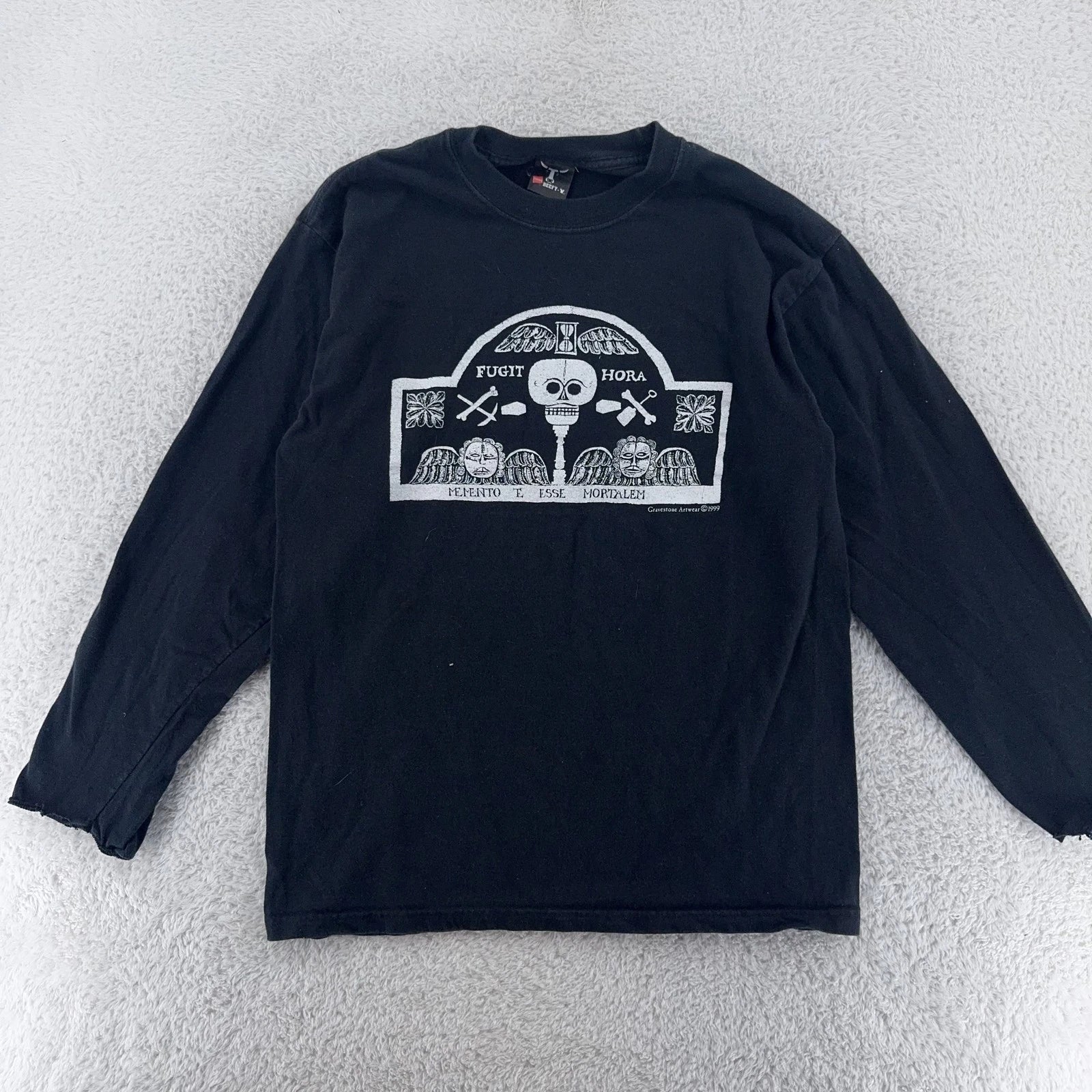 Vtg Gravestone Artwear Long Sleeve Shirt S/M Black Fugit Hora Memento Mori 90s