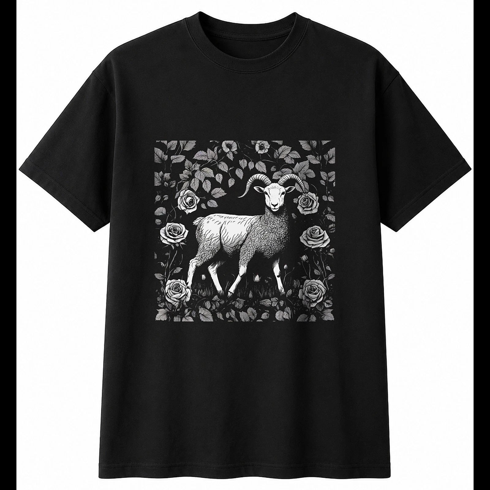 Botanical Lamb with Roses Sheep Cute Mens T-Shirt Black 100% Cotton Kawaii