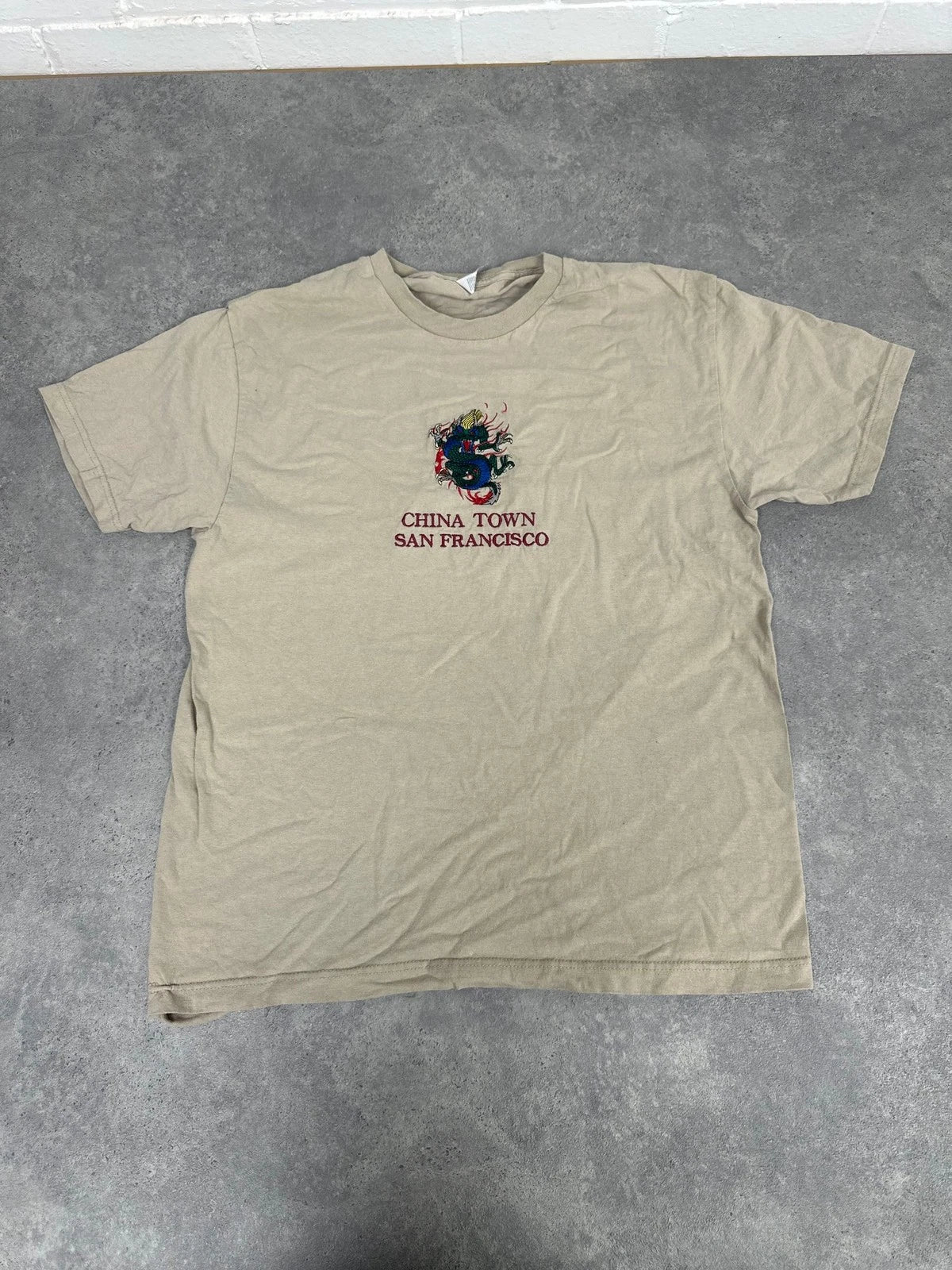Custom Dragon Chinatown T-Shirt Men's Size L Beige Embroidered Asia Travel