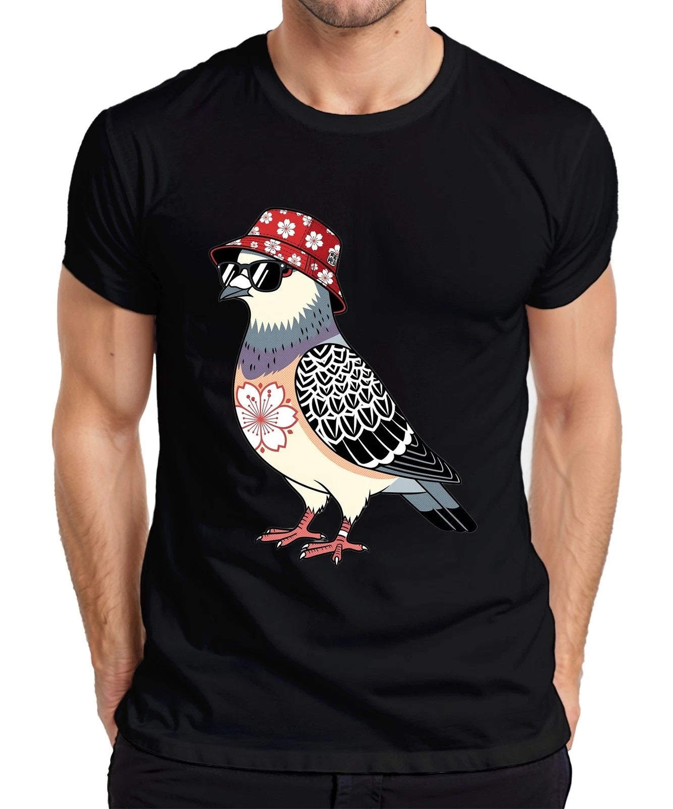 Cool Dove Sunglasses Sakura Fishing Hat Japan Streetwear Bird Men's T-Shirt