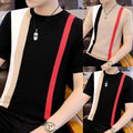 Short Sleeve Stripe Undershirt for Men Korean Fashion Round Neck Slim Fit