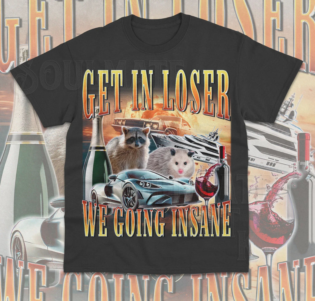 Get In Loser We Going Insane T-Shirt Funny Meme Raccoon Opossum Retro Shirt