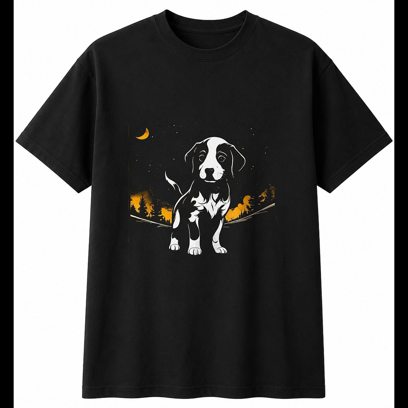 Graphic Puppy in Moonlight Dog Cute Mens T-Shirt Black 100% Cotton Kawaii