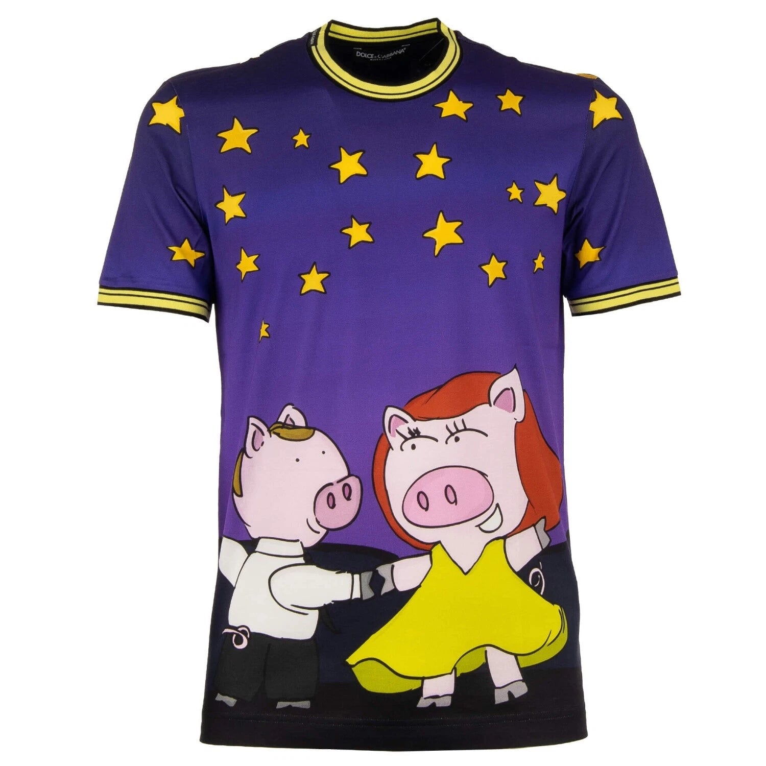 Dolce & Gabbana Cotton T-Shirt Pig Star Print Purple Black Slim Fit
