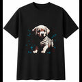 Anime Puppy with Roses Dog Cute Mens T-Shirt Black 100% Cotton Kawaii Birthday