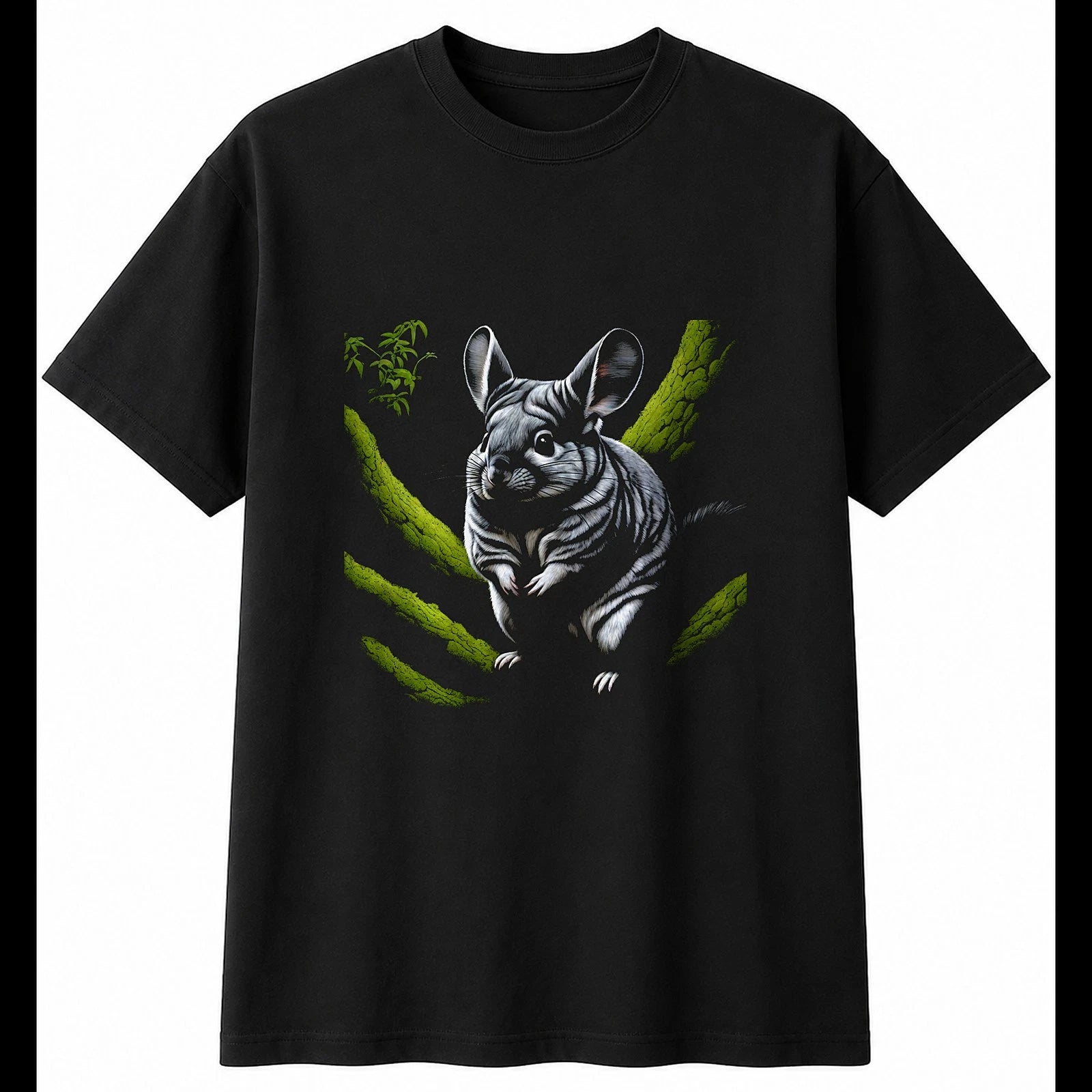 Botanical Chinchilla in the Swamp Cute Mens T-Shirt Black 100% Cotton Kawaii