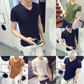 Men Short Sleeve Tshirts V Neck Casual Solid Color Loose Fit Pullover Tops
