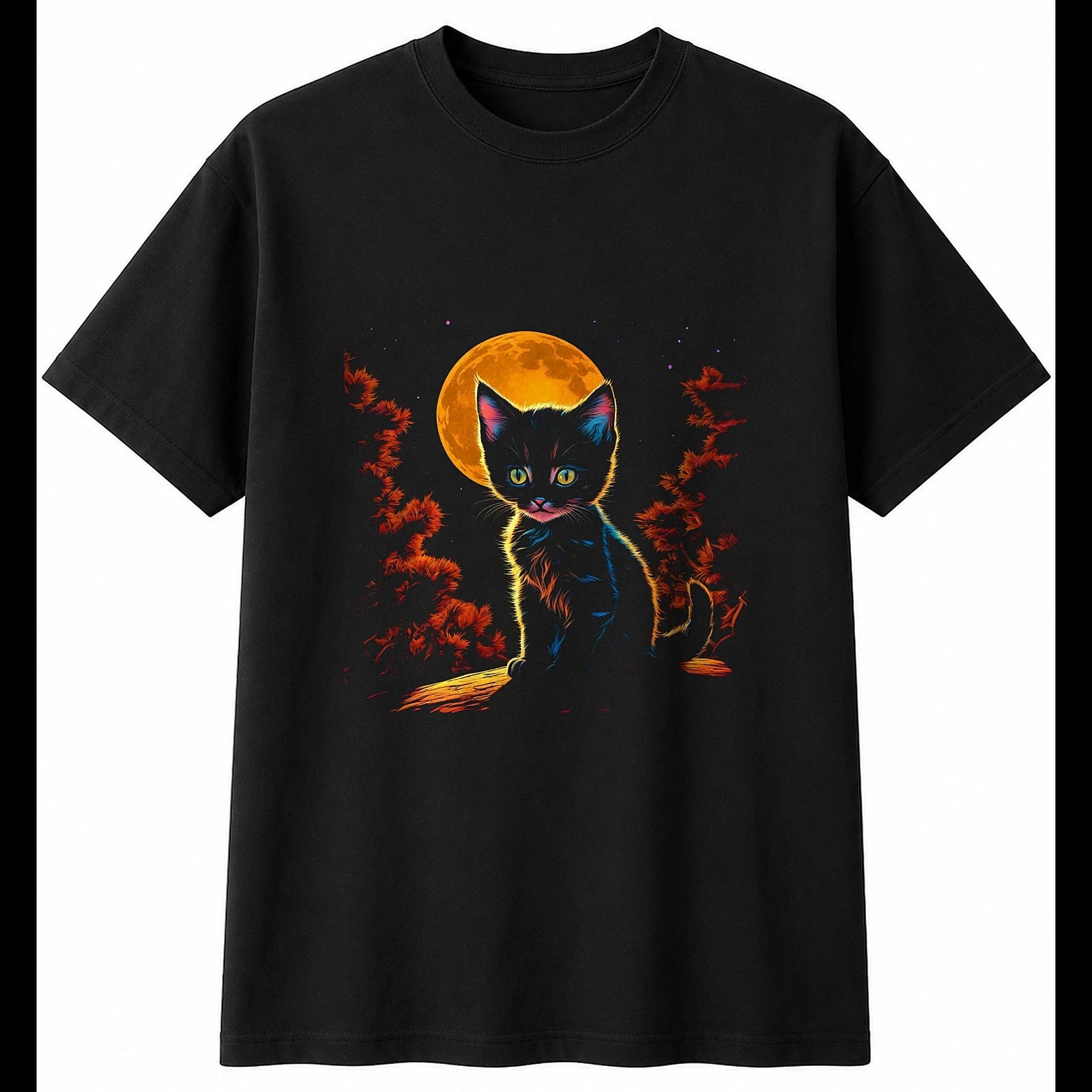 Detailed Kitten in Moonlight Cat Mens T-Shirt Black 100% Cotton Kawaii Novelty