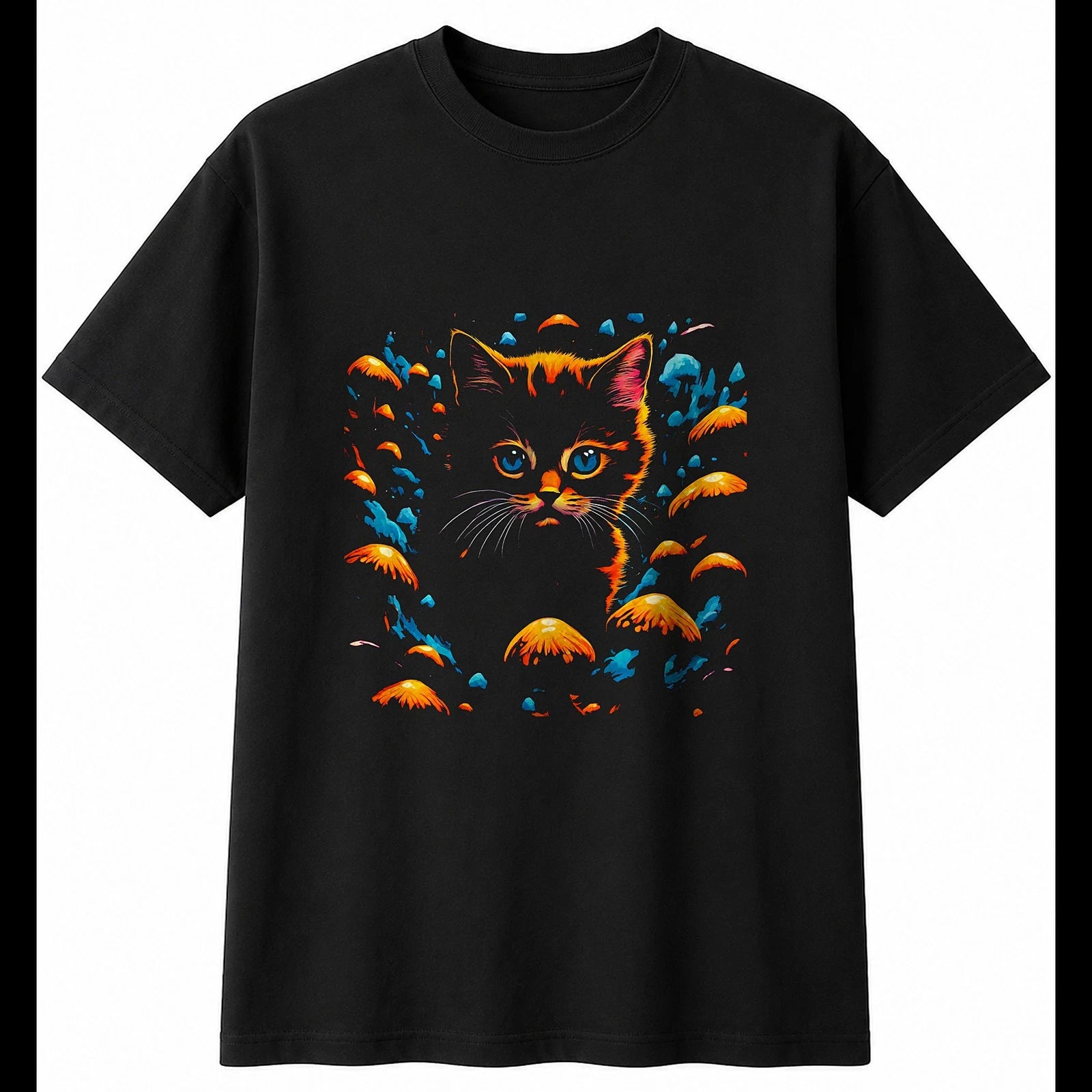 Kitten with Mushrooms Cat Mens T-Shirt Black 100% Cotton Adorable Printed Kawaii