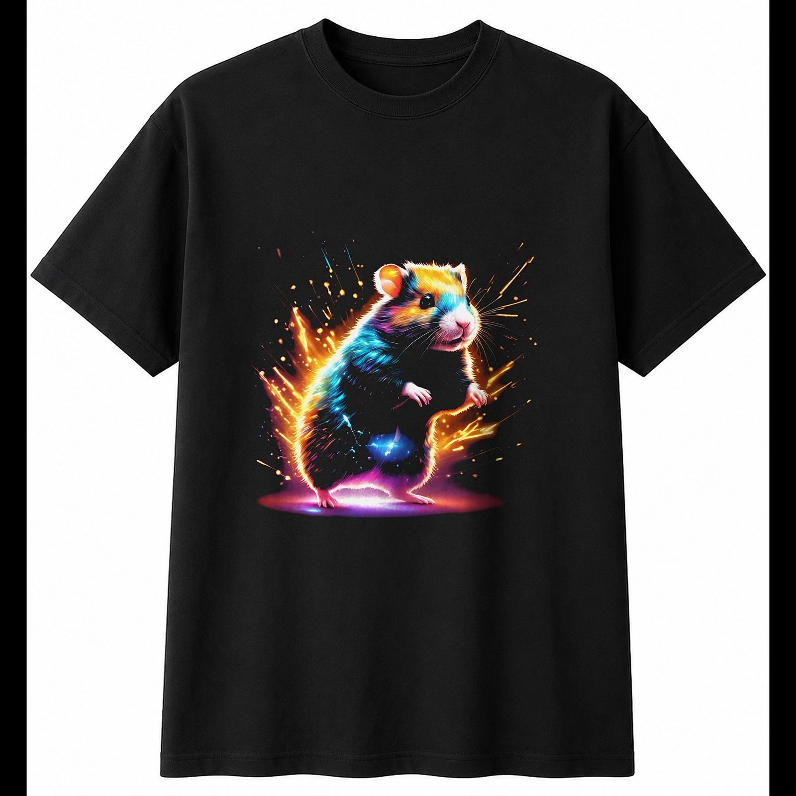 Colourful Hamster Glowing Cute Mens T-Shirt Black 100% Cotton Kawaii Tee