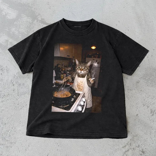 Funny Cat T-Shirt - Retro Cooking Cat Meme Graphic Tee Cotton Full Size S to 5XL