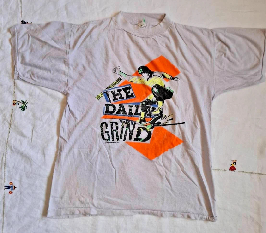 Vintage 1988 Skate T Shirt L The Daily Grind Skateboard Neon Graphic STS Tee 80s