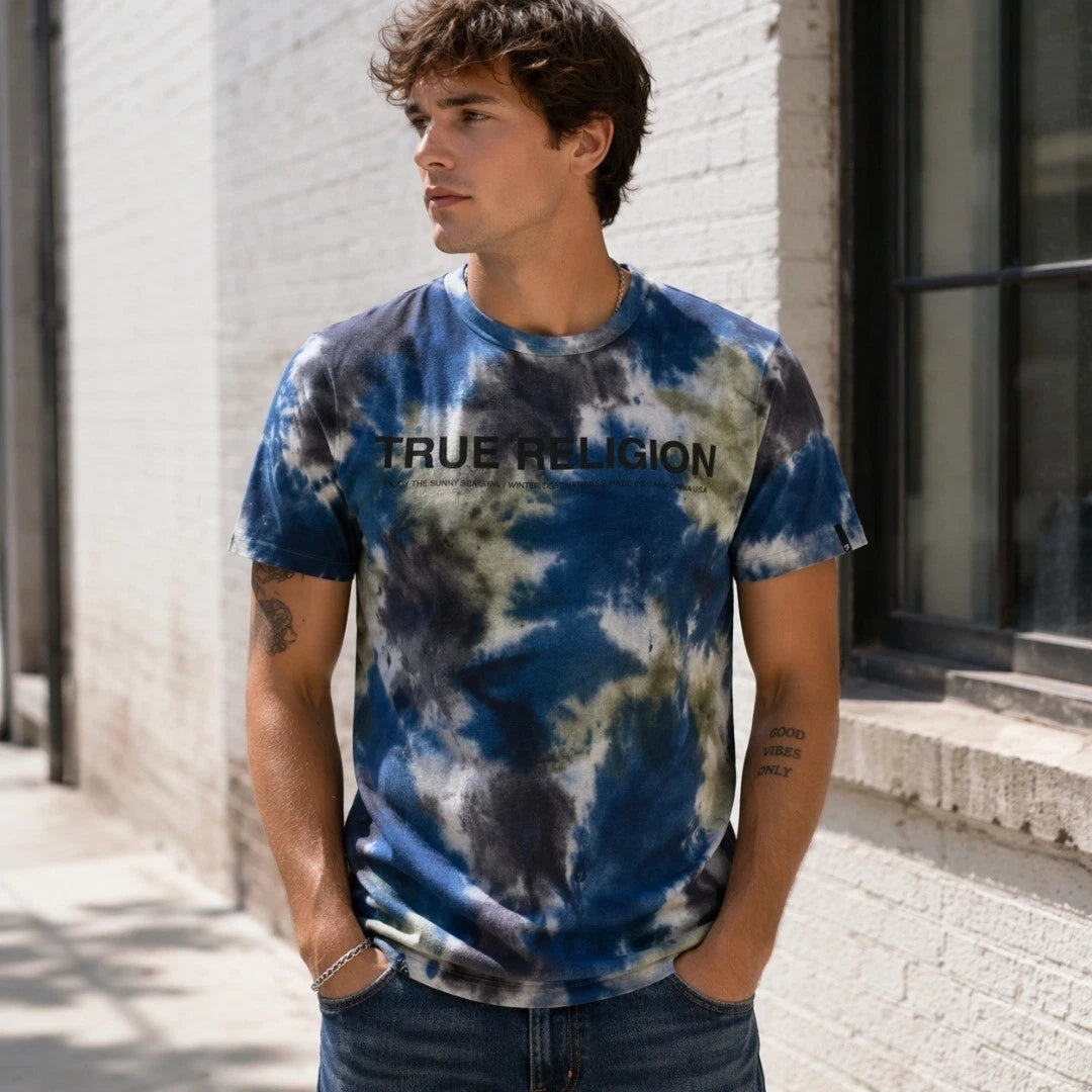 TRUE RELIGION Men's Blue Tie Dye Crew Neck Graphic T-shirt Casual BNWT
