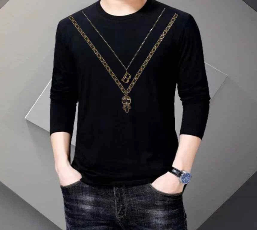 New Men Luxury Diamond Rhinestones Fashion Long Black T-Shirt High Quality