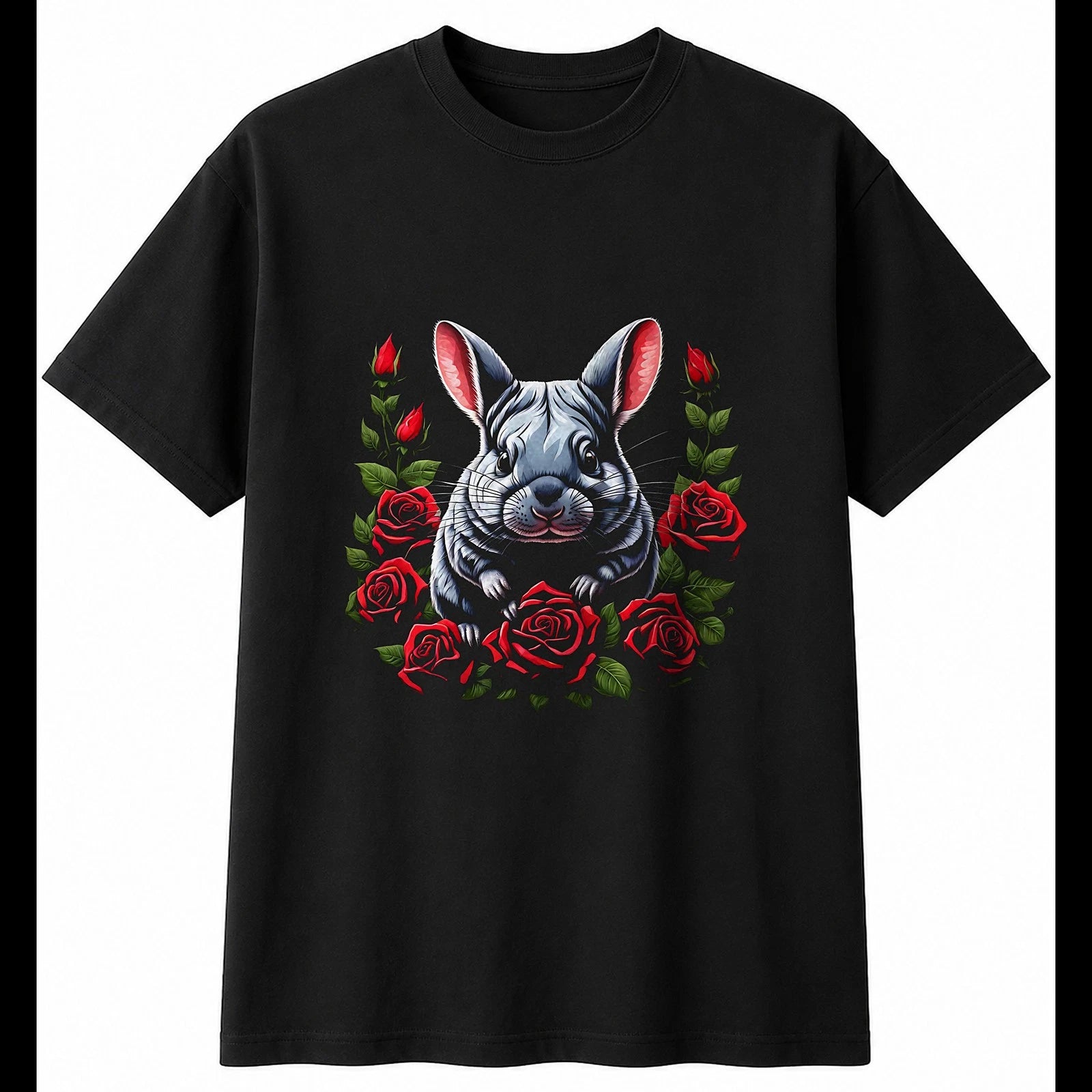 Chinchilla with Roses Cute Mens T-Shirt Black 100% Cotton Birthday Kawaii