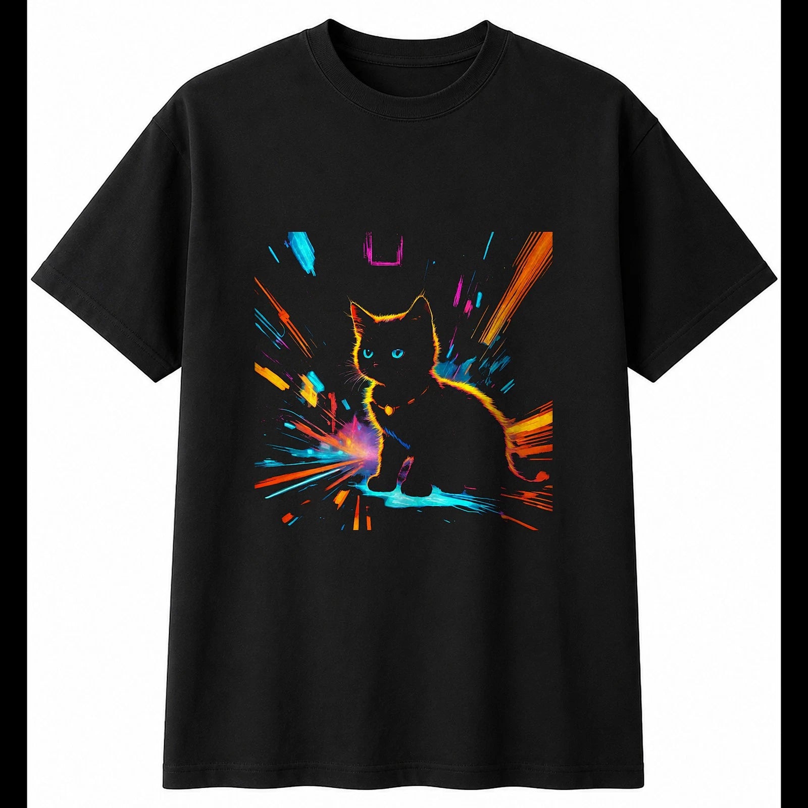Dark Fantasy Kitten Neon Glow Cat Cute Mens T-Shirt Black 100% Cotton Kawaii Tee