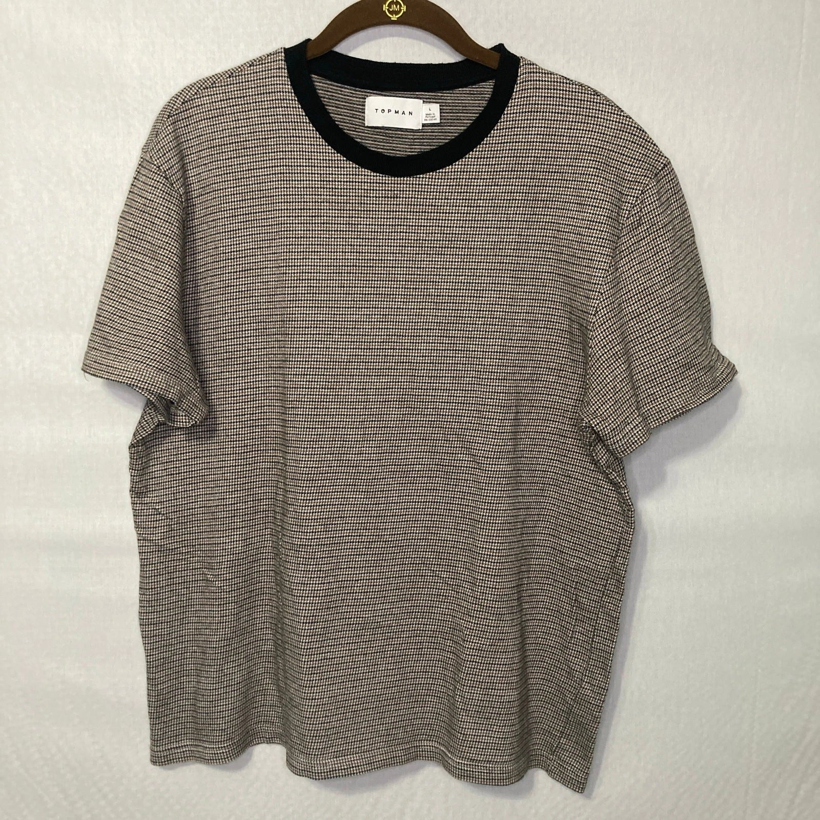 Topman Men’s L Black-Collar Micro-Houndstooth Tee 100% Cotton Retro Minimalist