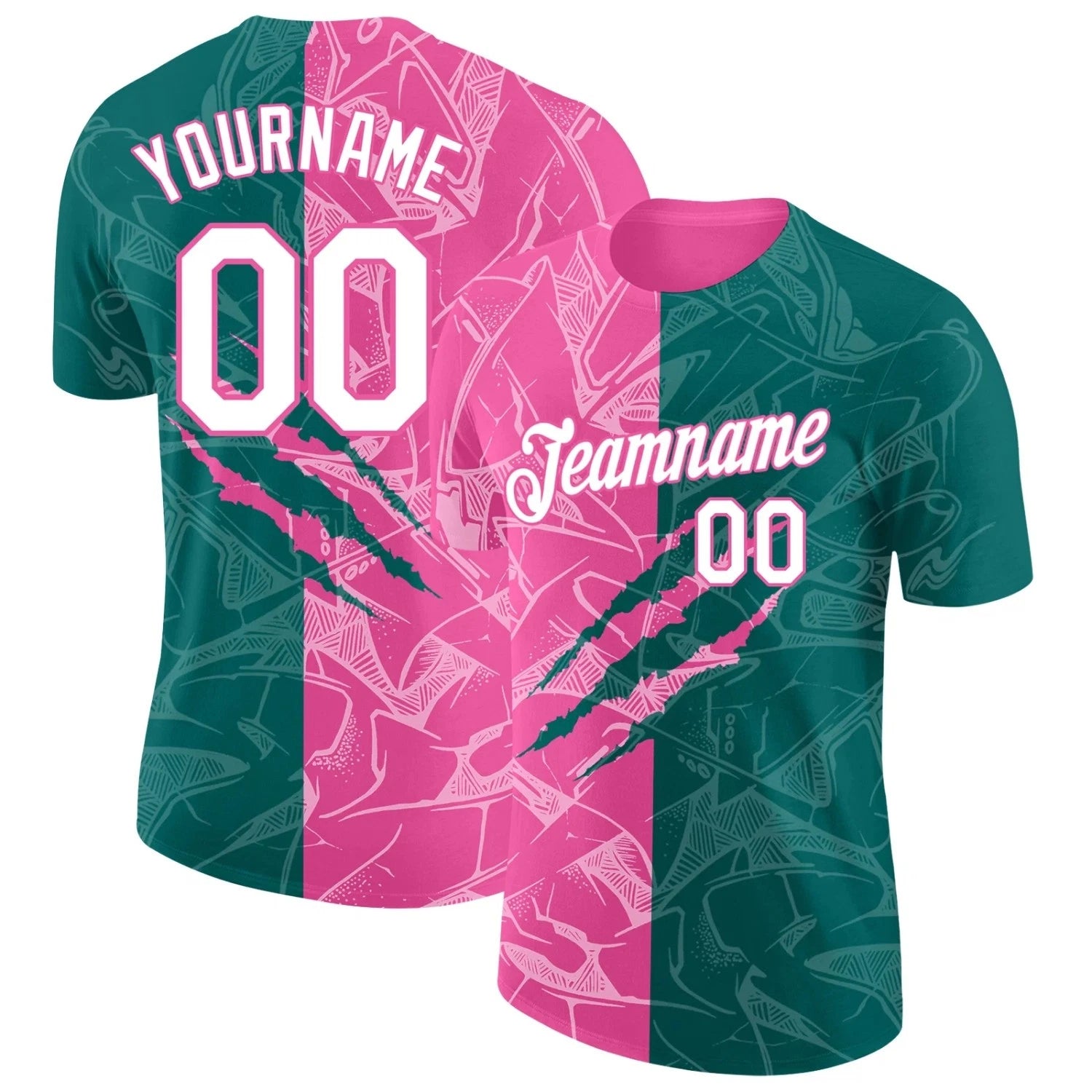 Custom Graffiti Pattern White Teal-Pink Scratch 3D Performance T-Shirt