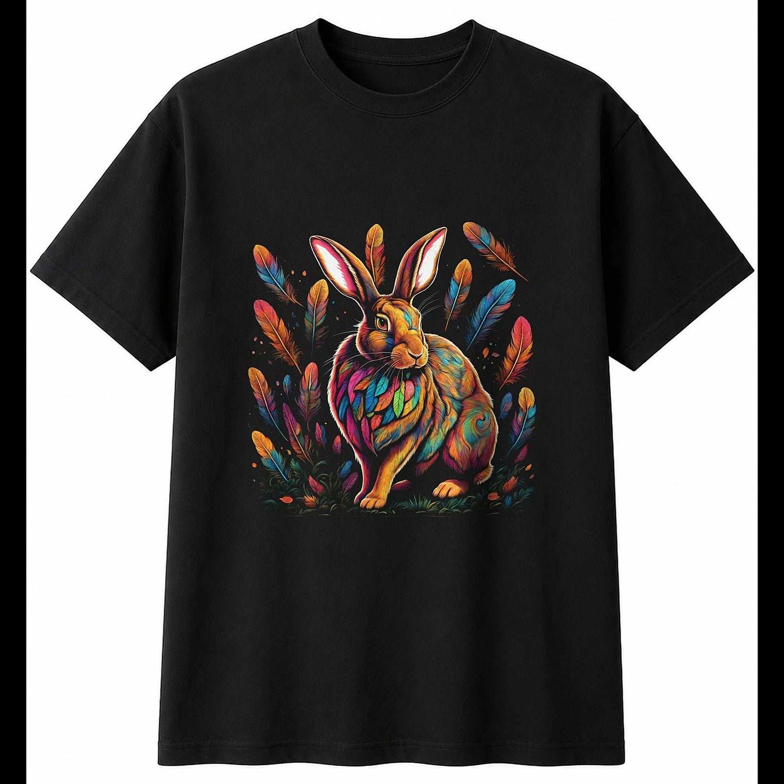 Flemish Giant Rabbit with Feathers Mens T-Shirt Cute Black 100% Cotton Kawaii
