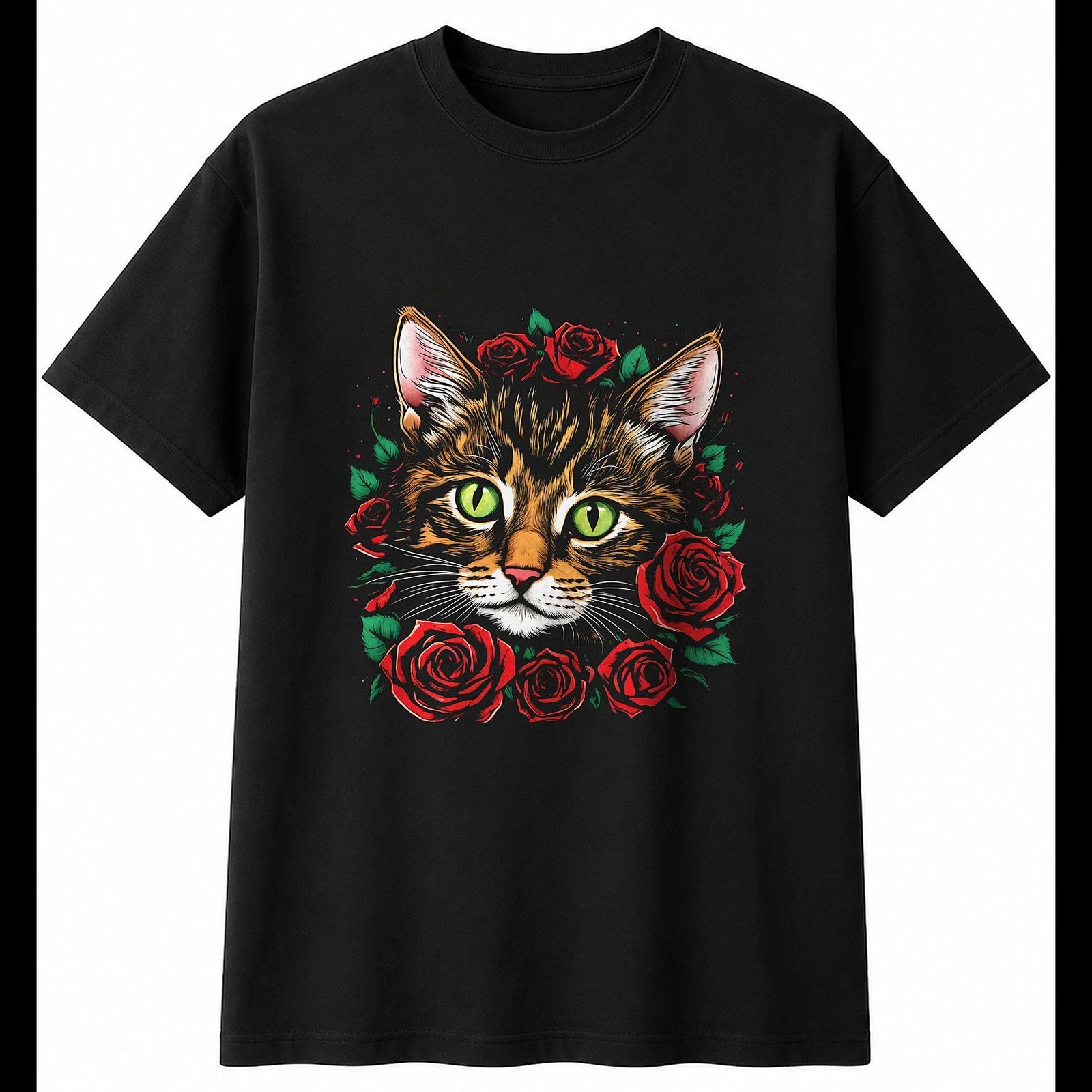 Kitten with Roses Cat Cute Mens T-Shirt Black 100% Cotton Present Kawaii