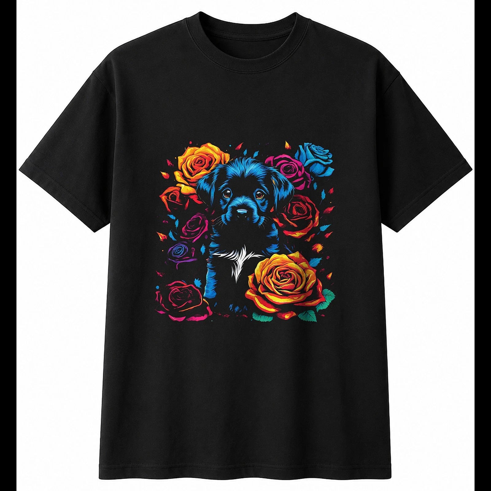 Psychedelic Puppy with Roses Dog Cute Mens T-Shirt Black 100% Cotton Kawaii