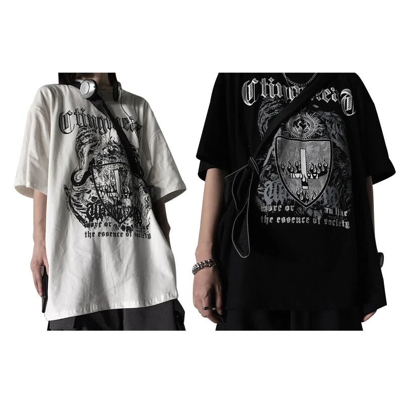 Women Men Goth Short Sleeve T-Shirt for Shield Letter Oversized To