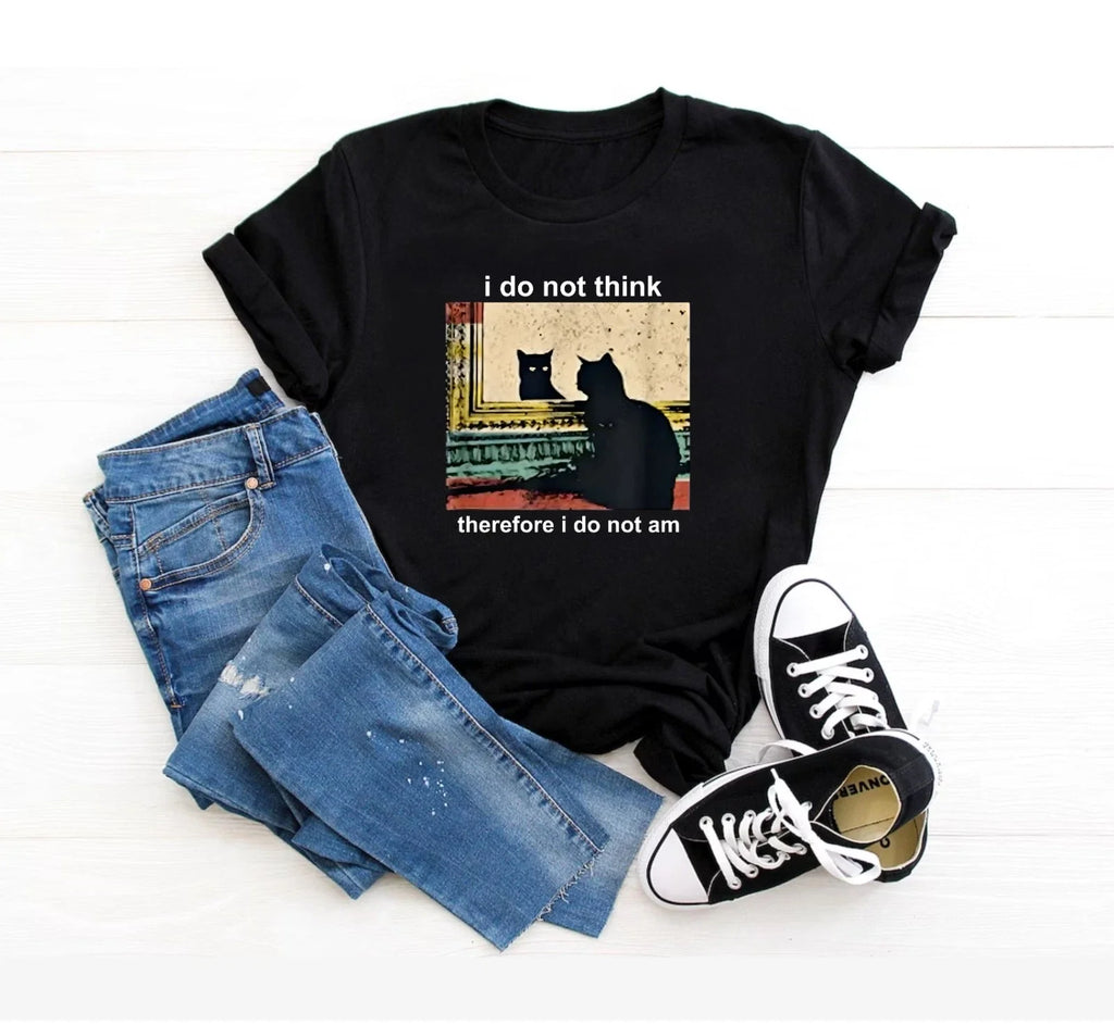 I do Not Think Therefore I do not Am Funny Y2k Cat T-Shirt, Kitten Meme T-Shirt