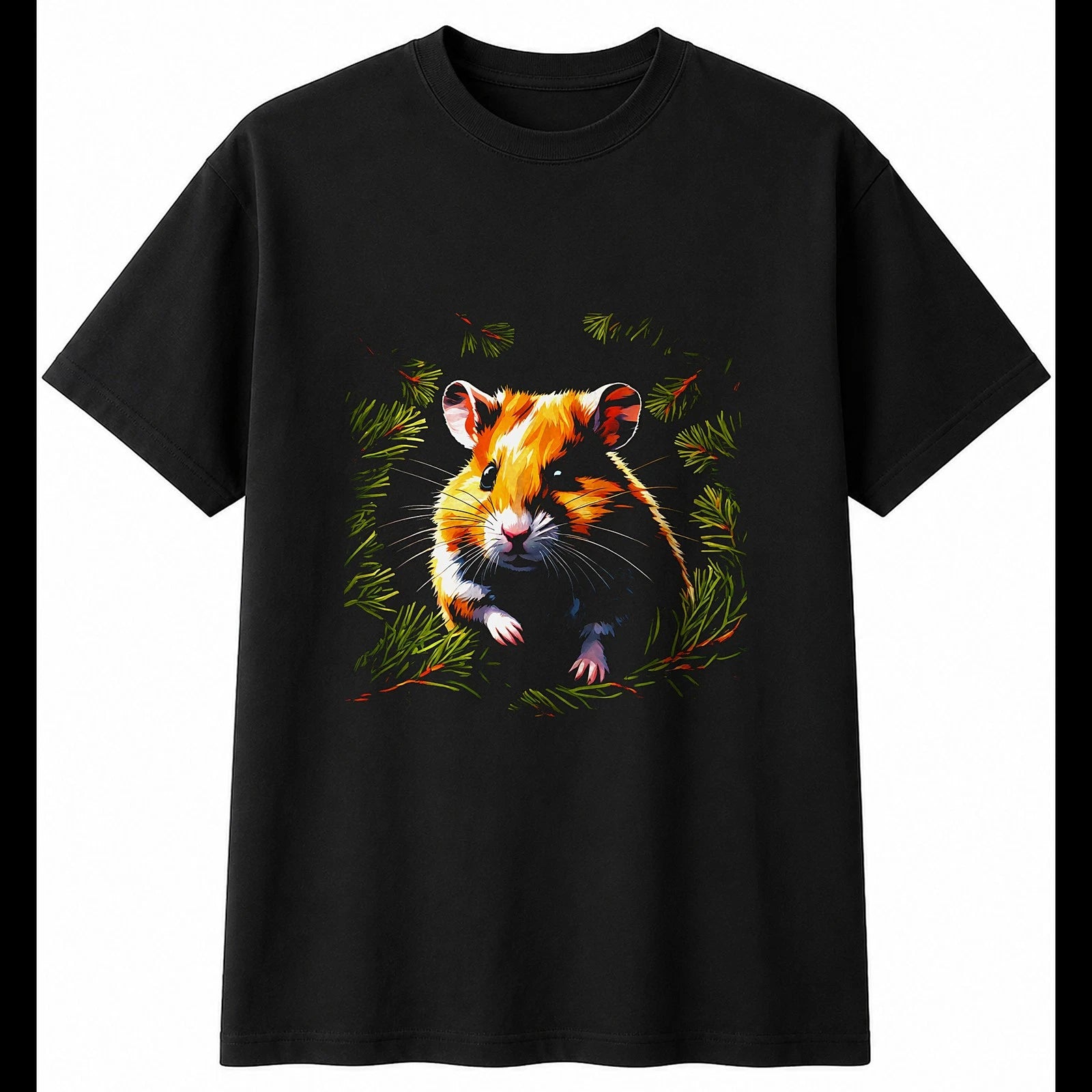 Hamster in the Pines Cute Mens T-Shirt Black 100% Cotton Graphic Tee Kawaii