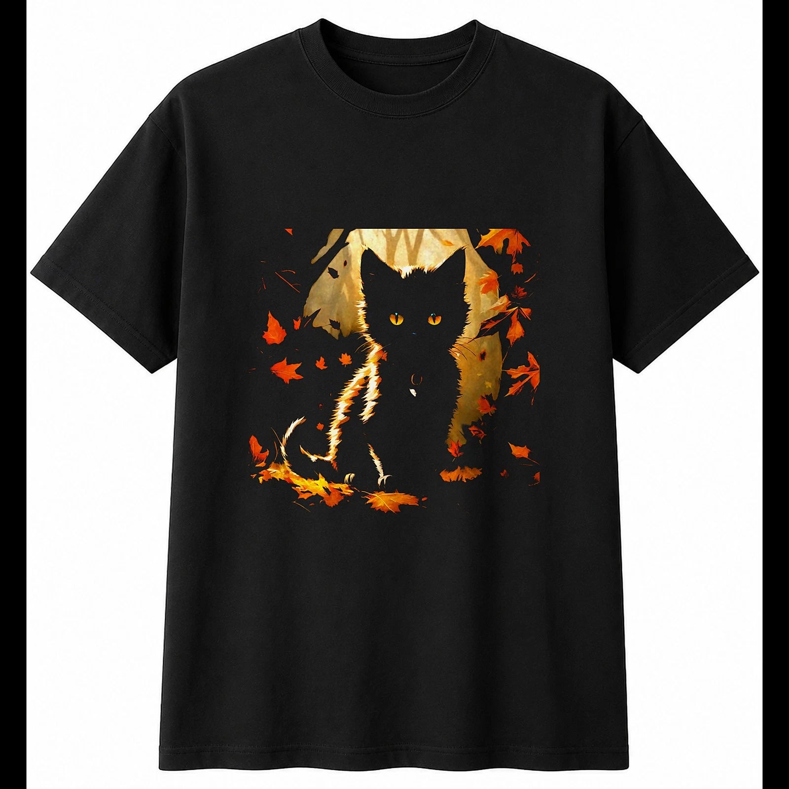 Fantasy Art Kitten in Autumn Cat Cute Mens T-Shirt Black 100% Cotton Kawaii