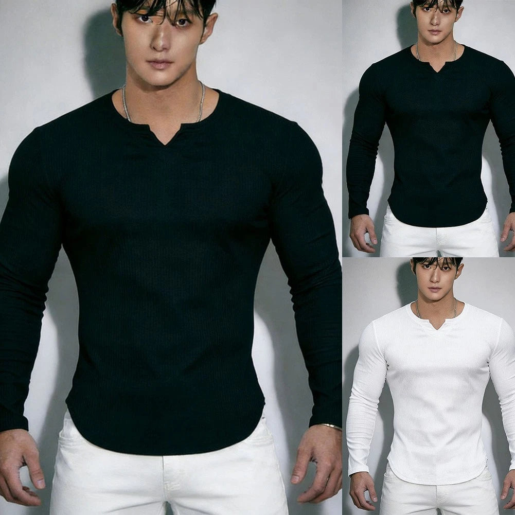 Men's V Neck Long Sleeve Polyester 95% Spandex 5% Tee Top Streetwear Athletic