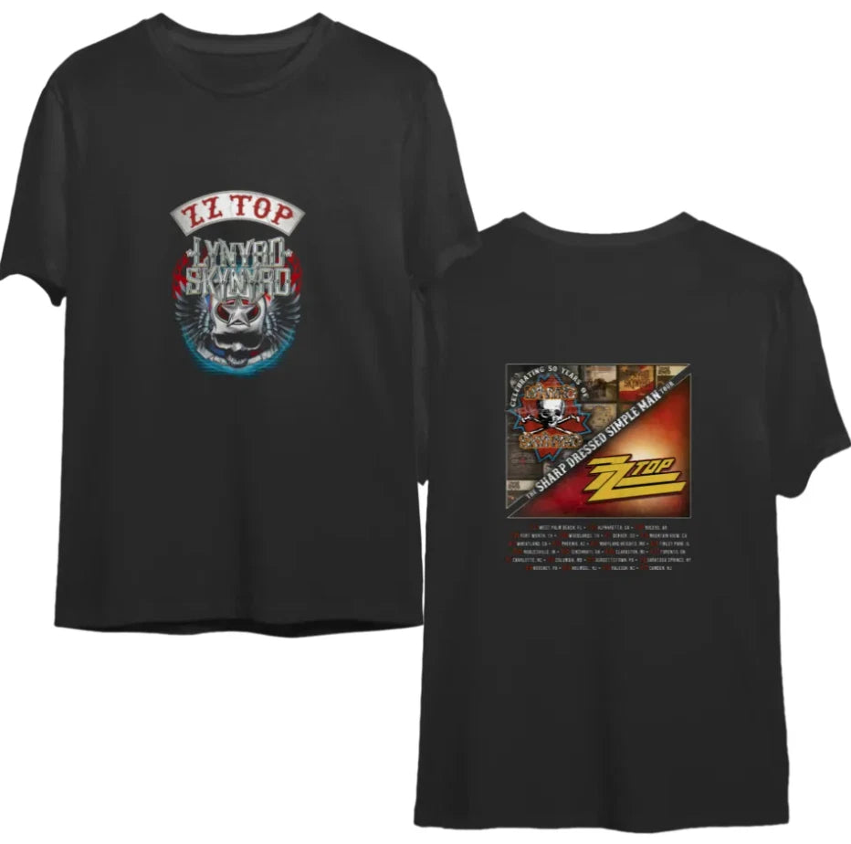 Sharp Dressed Simple Man Tour T-Shirt 2023 – ZZ Top x Lynyrd Skynyrd Logo Tee