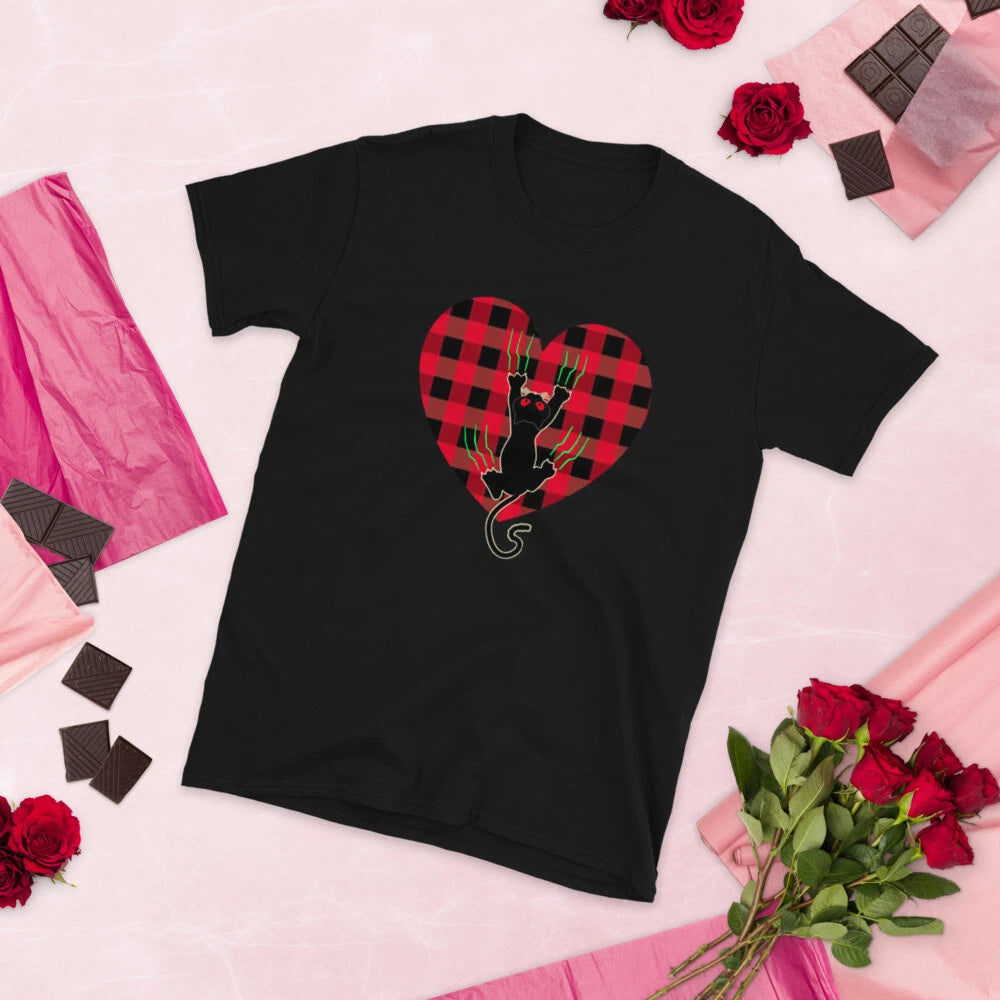 Cute Black Cat Valentines Day Heart Lumberjack Plaid T-Shirt