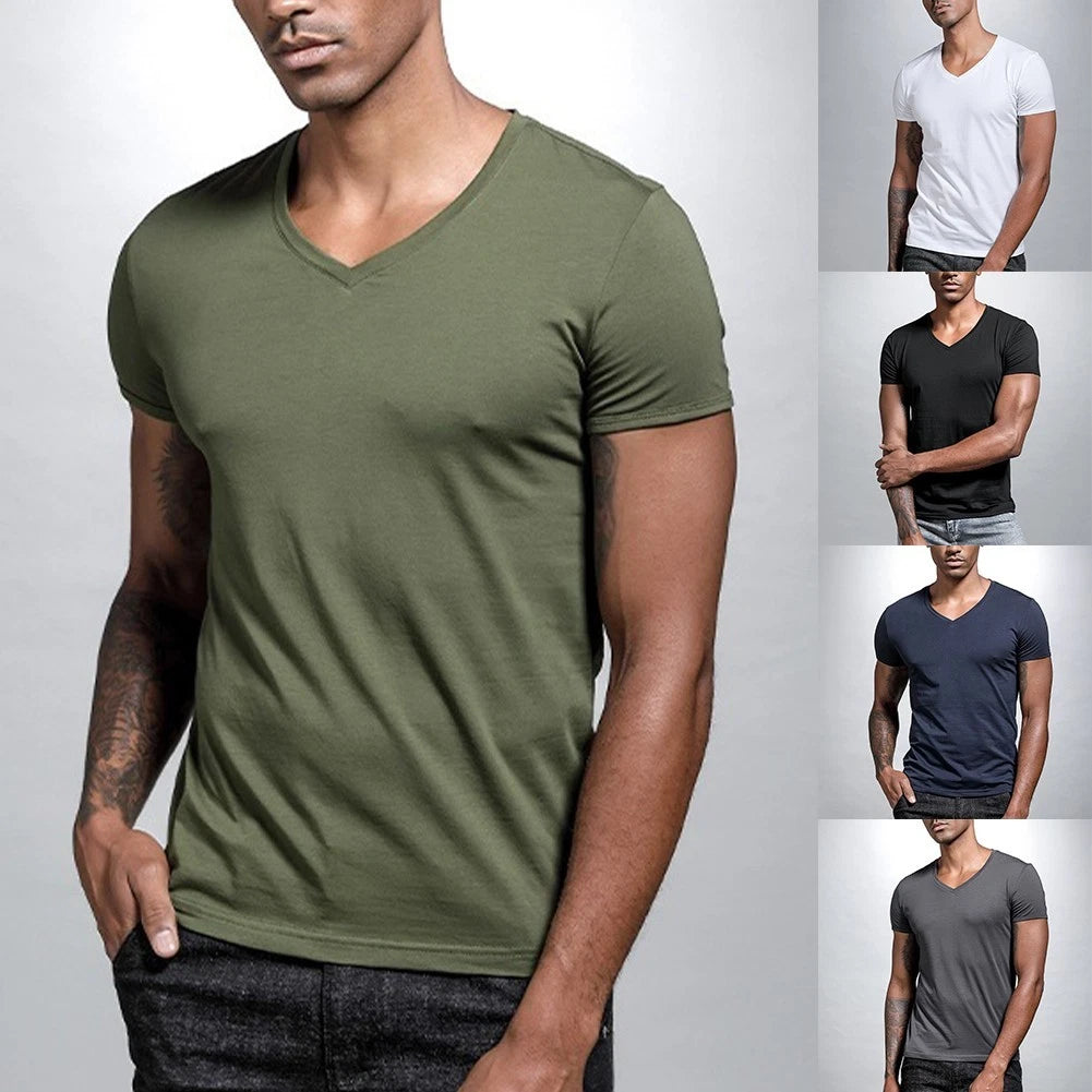 Men's Polyester V Neck Casual T Shirt Short Sleeve for Summer and Fitness