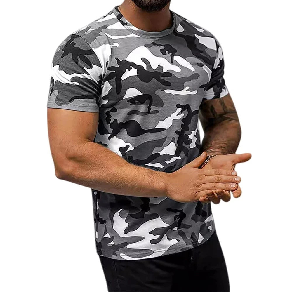 Mens loose round neck gray camo printed short sleeve T shirt for daily wear