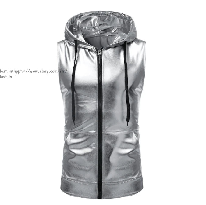 Men Sleeveless Hoodie Disco T-Shirt Disco Party Hooded Tops Fashion Dance shirts