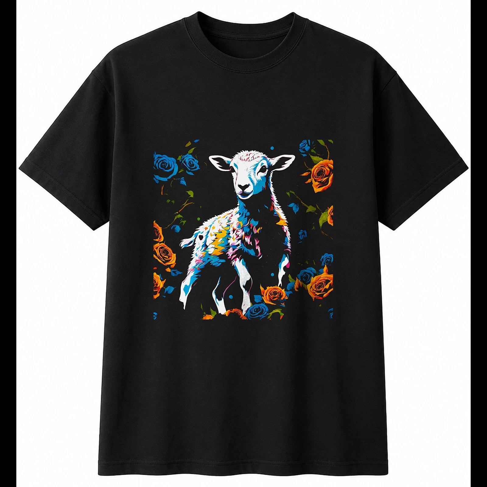 Psychedelic Lamb with Roses Sheep Cute Mens T-Shirt Black 100% Cotton Kawaii Top