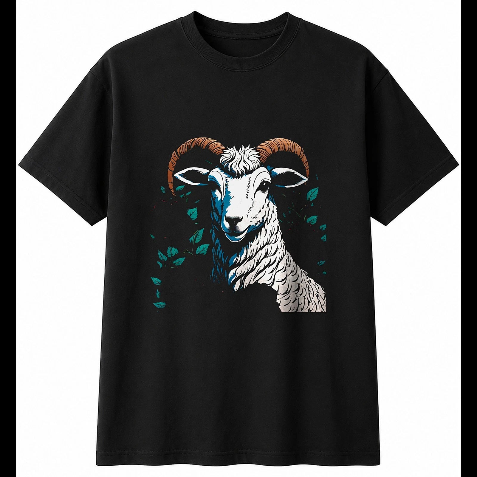 Anime Lamb with Roses Sheep Cute Mens T-Shirt Black 100% Cotton Kawaii Tee