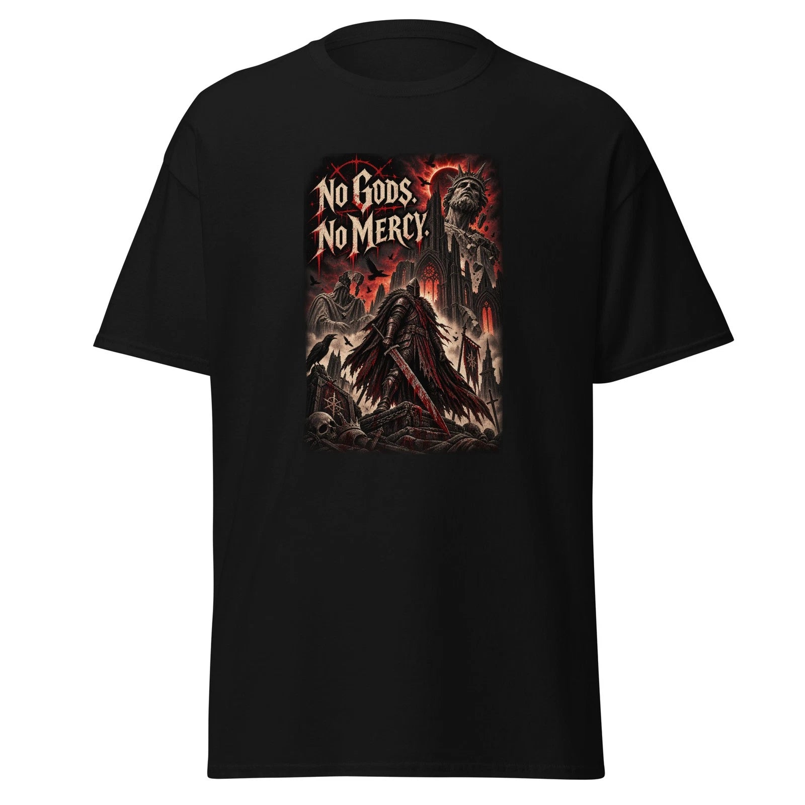 No Gods No Mercy T Shirt Grimdark Fantasy Gothic Horror Dark Knight