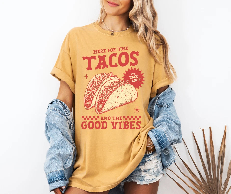 TACOS AND GOOD VIBES | HERE FOR THE TACOS TEE | RETRO FOODIE T-SHIRT | TRENDY