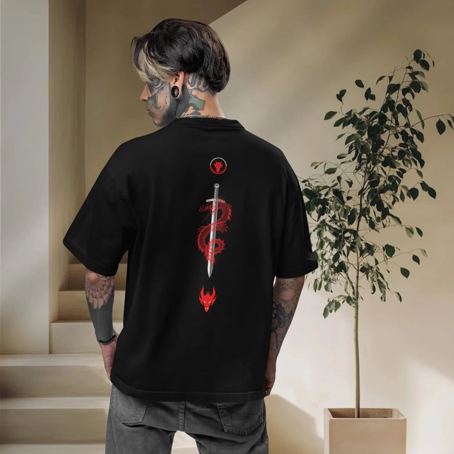 Previous Men warriors inspirational graphic back printed oversized T-