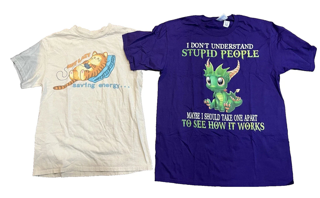 Funny Graphic T Shirt Lot Mens L Purple Dragon Sarcastic Tee + Not Lazy Cat Tee