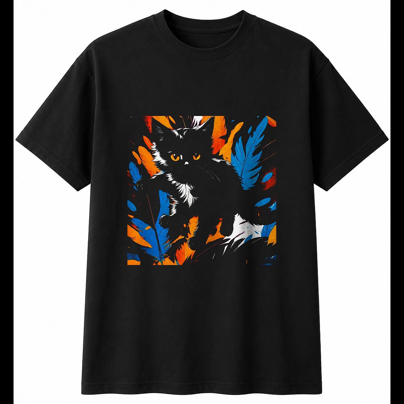 Anime Kitten with Feathers Cat Cute Mens T-Shirt Black 100% Cotton Kawaii