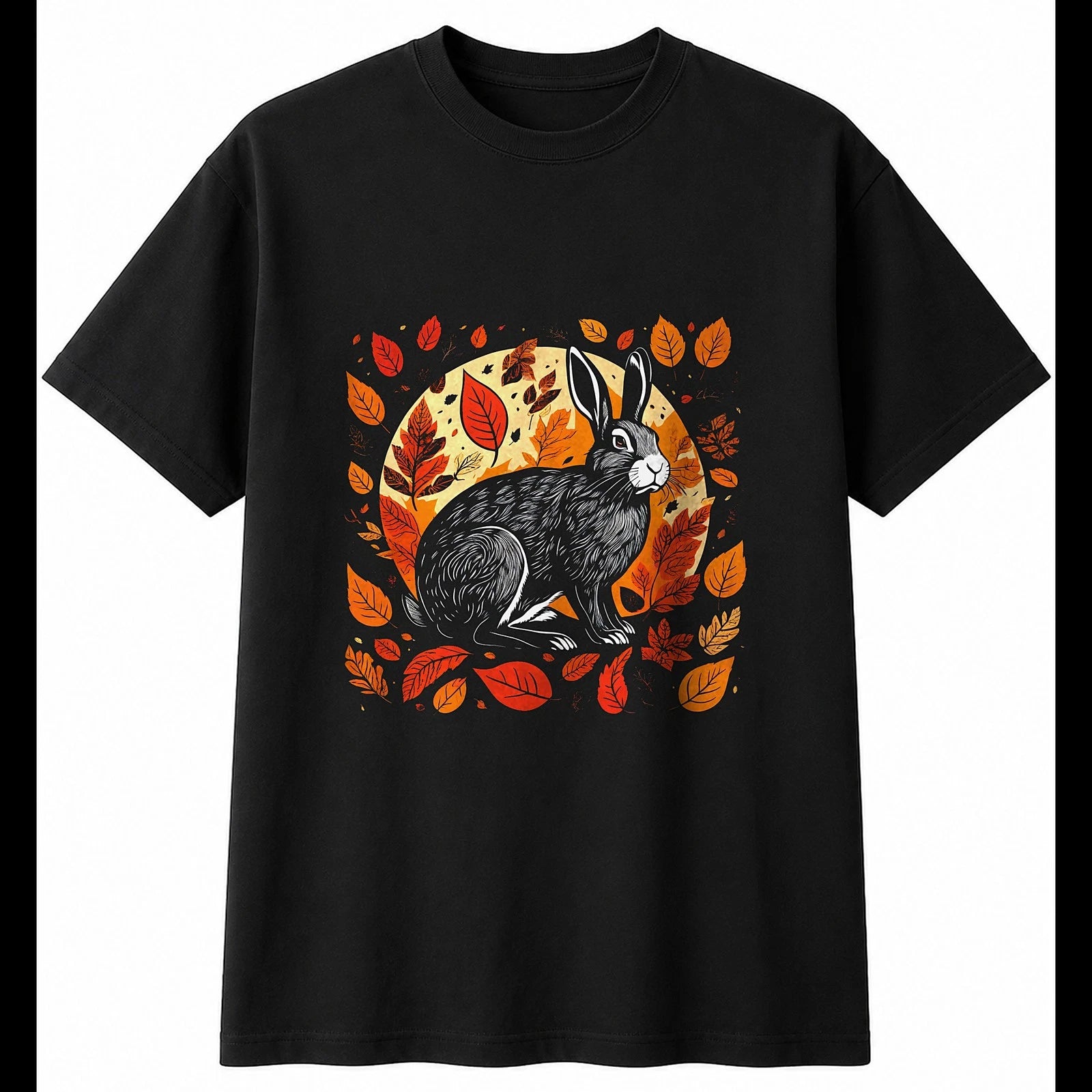 Graphic Rabbit in Autumn Cute Mens T-Shirt Black 100% Cotton Adorable Adults