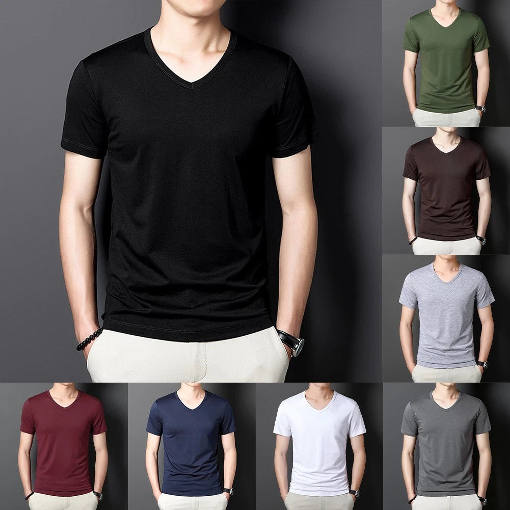 Men V Neck T-Shirt Short Sleeve Tee Casual Wear 80%Polyester 20%Spandex