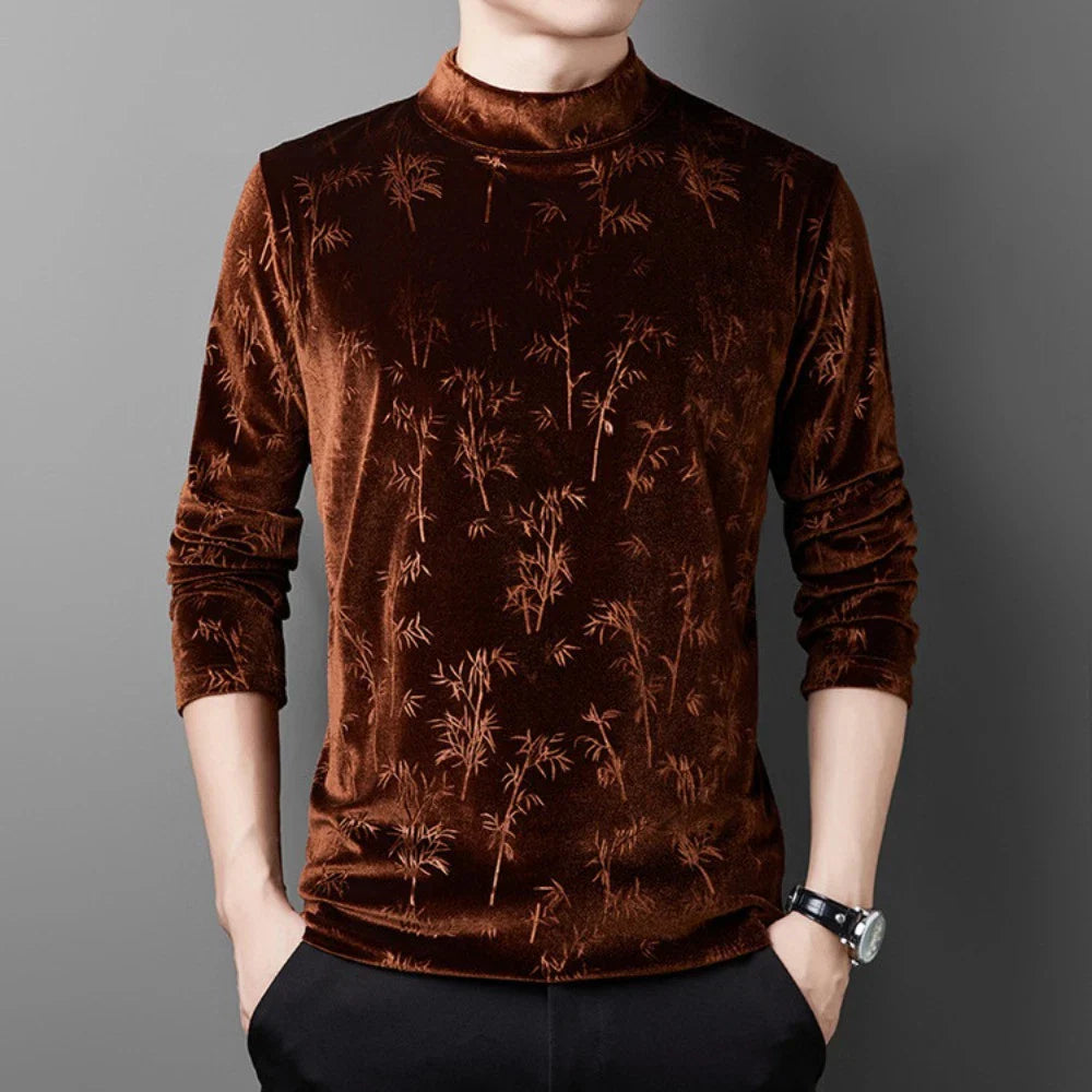 Men Velvet T-shirts Top Blouse Shirs Plush Floral Tulte Neck Retro Printed Basic