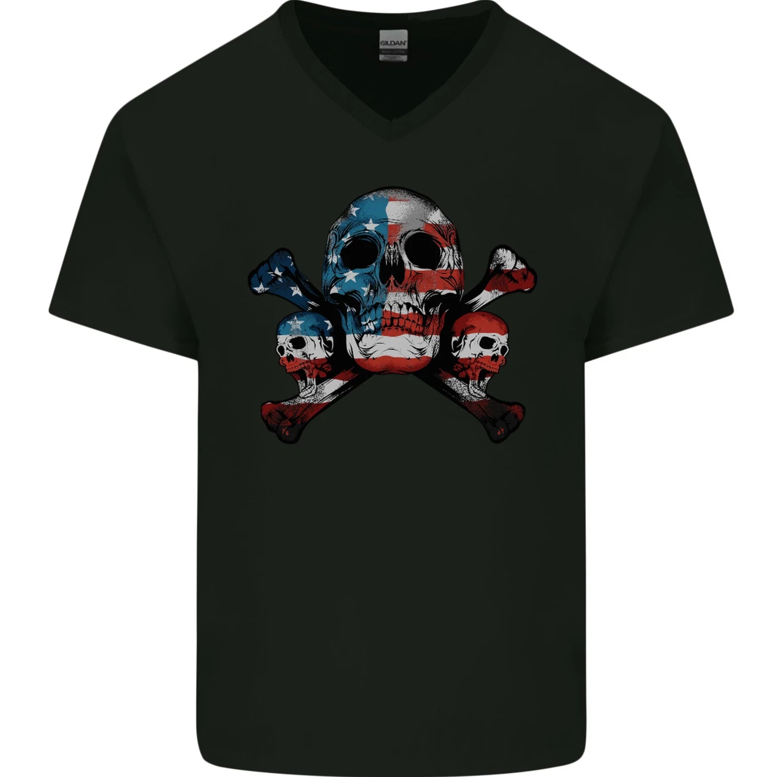 Skulls USA Flag America Biker Motorbike Mens V-Neck Cotton T-Shirt