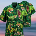 Mens Button Down Green Tyrannosaurus T-Rex Dinosaur Jungle Hawaiian Summer Shirt