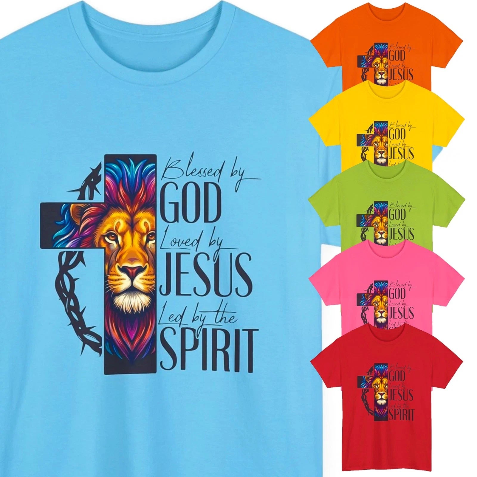 Christian Cross Lion Men's T-Shirt Blessed By God Loved Religious Faith Gift Tee