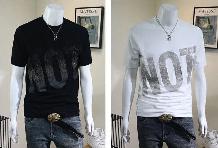 New Men Luxury Rhinestones Fashion Diamonds Black White T-Shirt High Quality