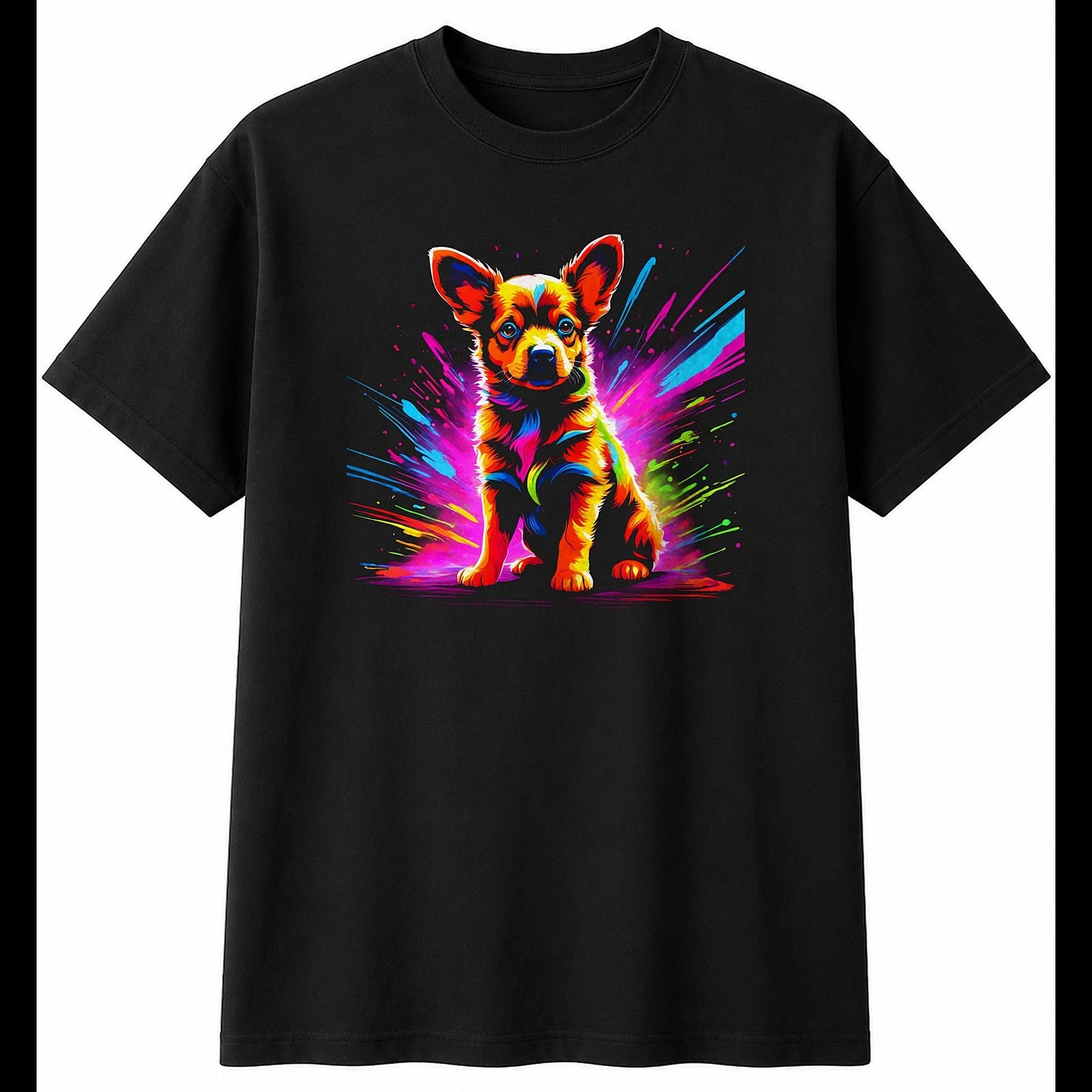 Psychedelic Puppy Neon Glow Dog Cute Mens T-Shirt Black 100% Cotton Kawaii Top